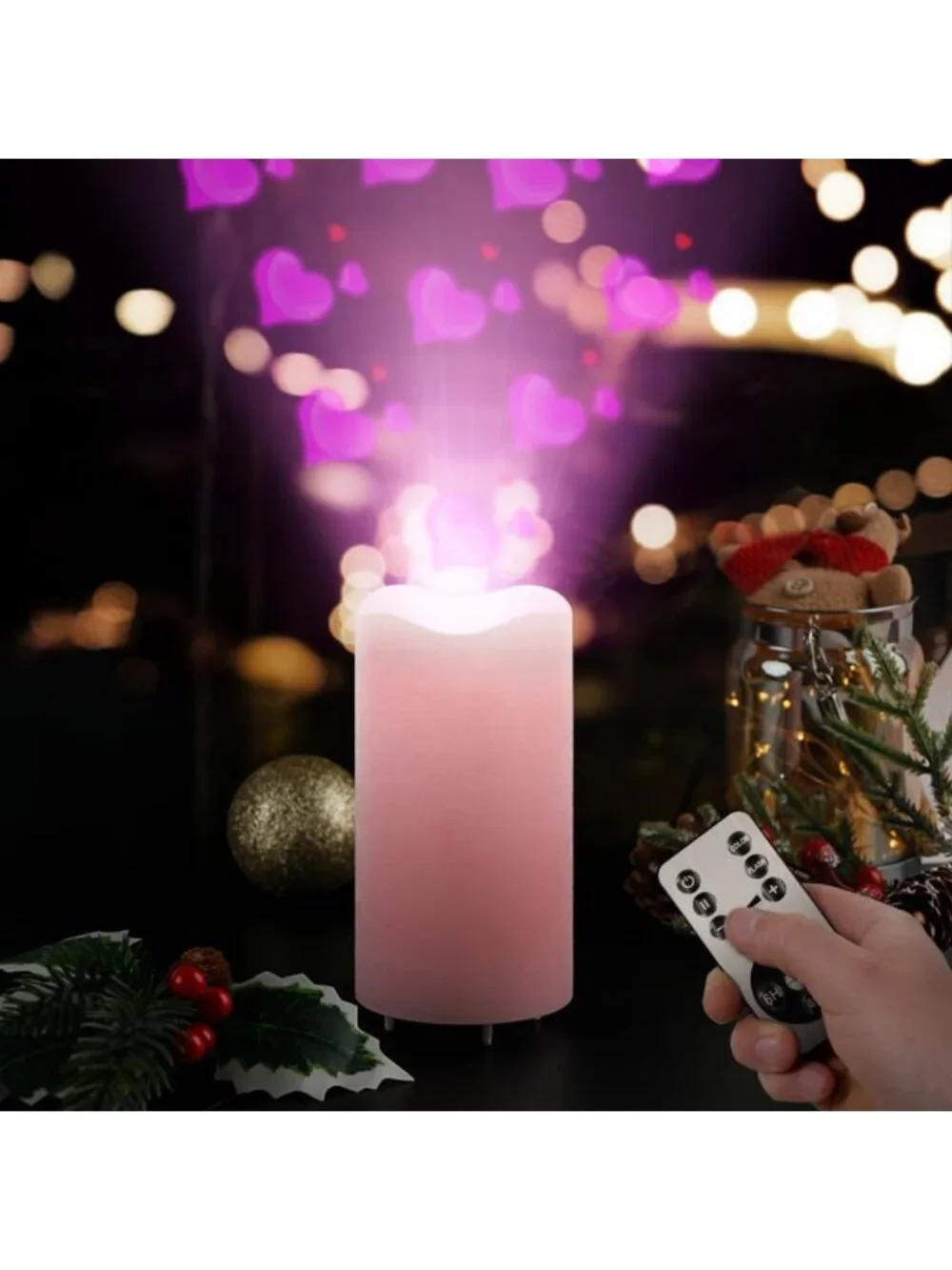 Romantic Flameless Candles with Pink Heart Projector Lights - Battery Operated